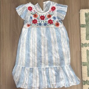 Francesca's Collections Blue and White Striped Dress with Floral Embroidery